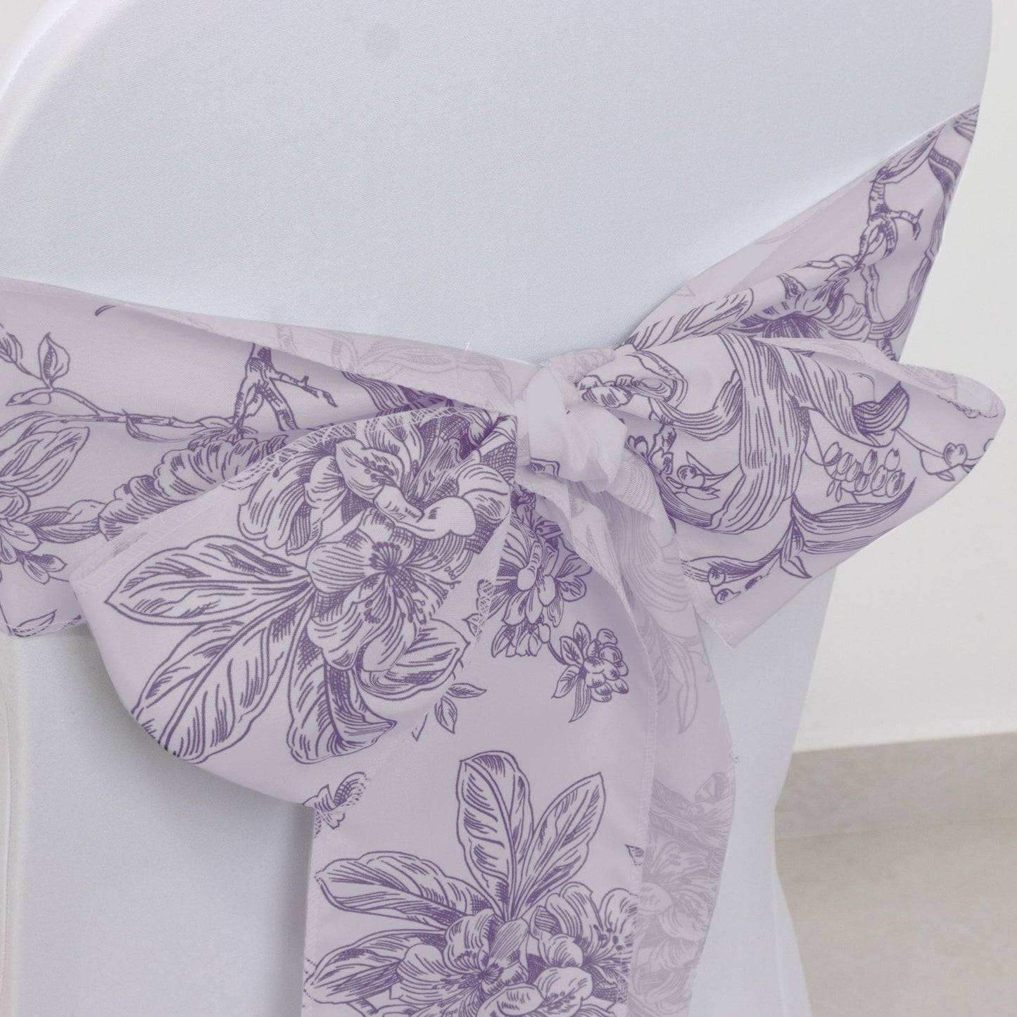 Polyester Chair Sashes White Lavender Lilac French Toile Floral Design - Wrinkle - Resistant & Durable Chair Bows for Exquisite Weddings & Banquets 6"x108" - Bell Racket Store