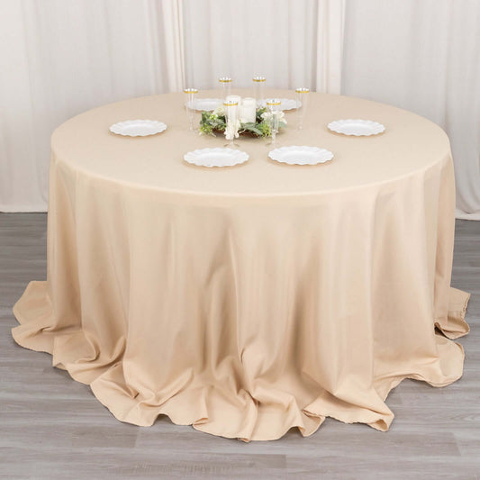 Premium Polyester 132" Round Tablecloth Beige - Seamless 220GSM Wrinkle - Resistant Table Cover - Bell Racket Store