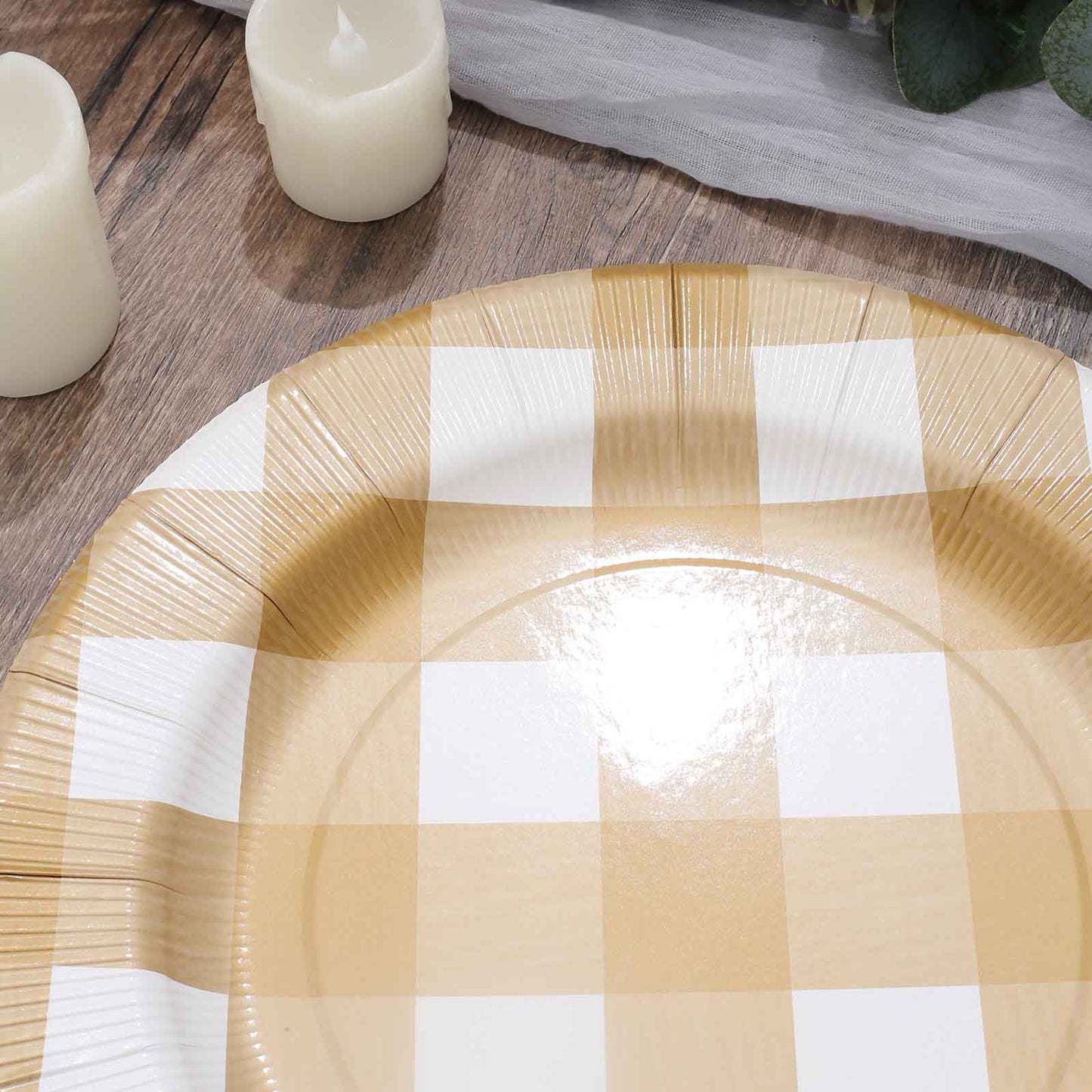 10-Pack Disposable Paper Charger Plates – Gold/White Buffalo Plaid 13" Round Table Chargers, 350 GSM Cardstock