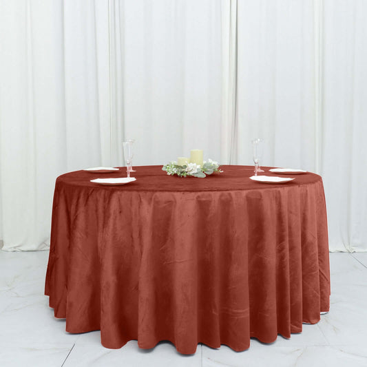 Premium Velvet 120" Round Tablecloth Terracotta (Rust) - Reusable Soft & Seamless Table Cover - Bell Racket Store
