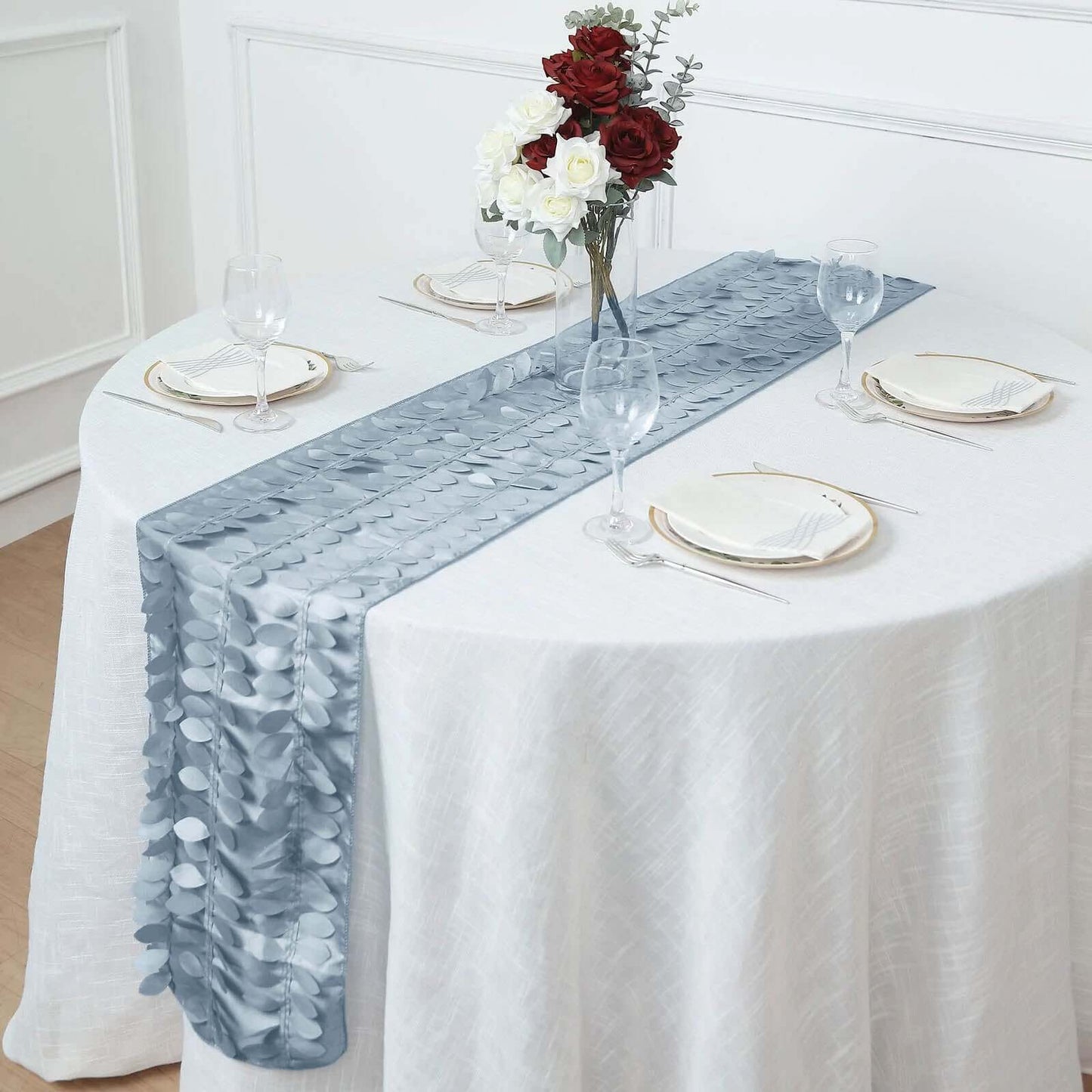 Taffeta Fabric 12"x108" Table Runner Dusty Blue - 3D Leaf Petal Design