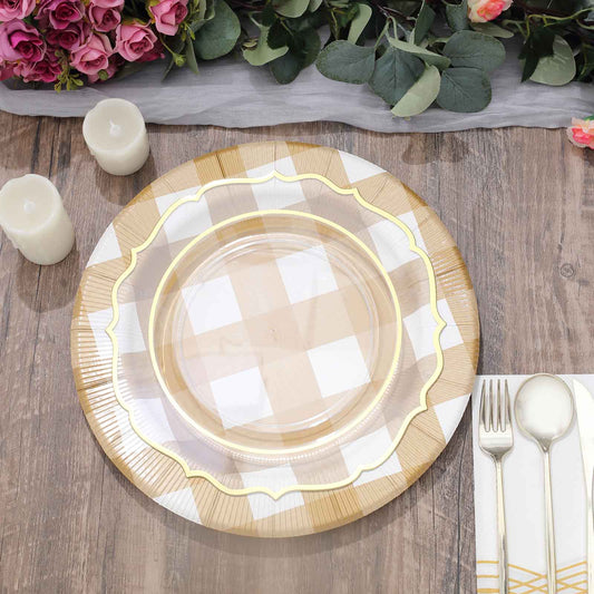 10-Pack Disposable Paper Charger Plates – Gold/White Buffalo Plaid 13" Round Table Chargers, 350 GSM Cardstock