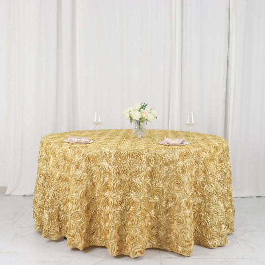 Satin 120" Round Tablecloth Champagne - Grandiose 3D Rosette with Seamless Finish Table Cover - NestOCart