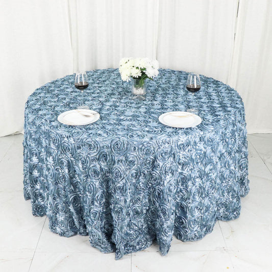 Satin 120" Round Tablecloth Dusty Blue - Grandiose 3D Rosette with Seamless Finish Table Cover - Bell Racket Store