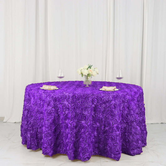 Satin 120" Round Tablecloth Purple - Grandiose 3D Rosette with Seamless Finish Table Cover - NestOCart