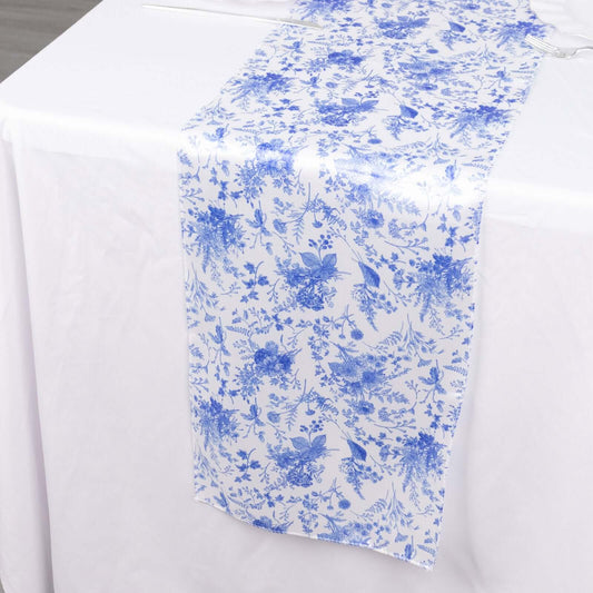 Satin 12"x108" Table Runner White with Blue French Toile Floral Pattern - Refined Style for Upscale Events - Bell Racket Store