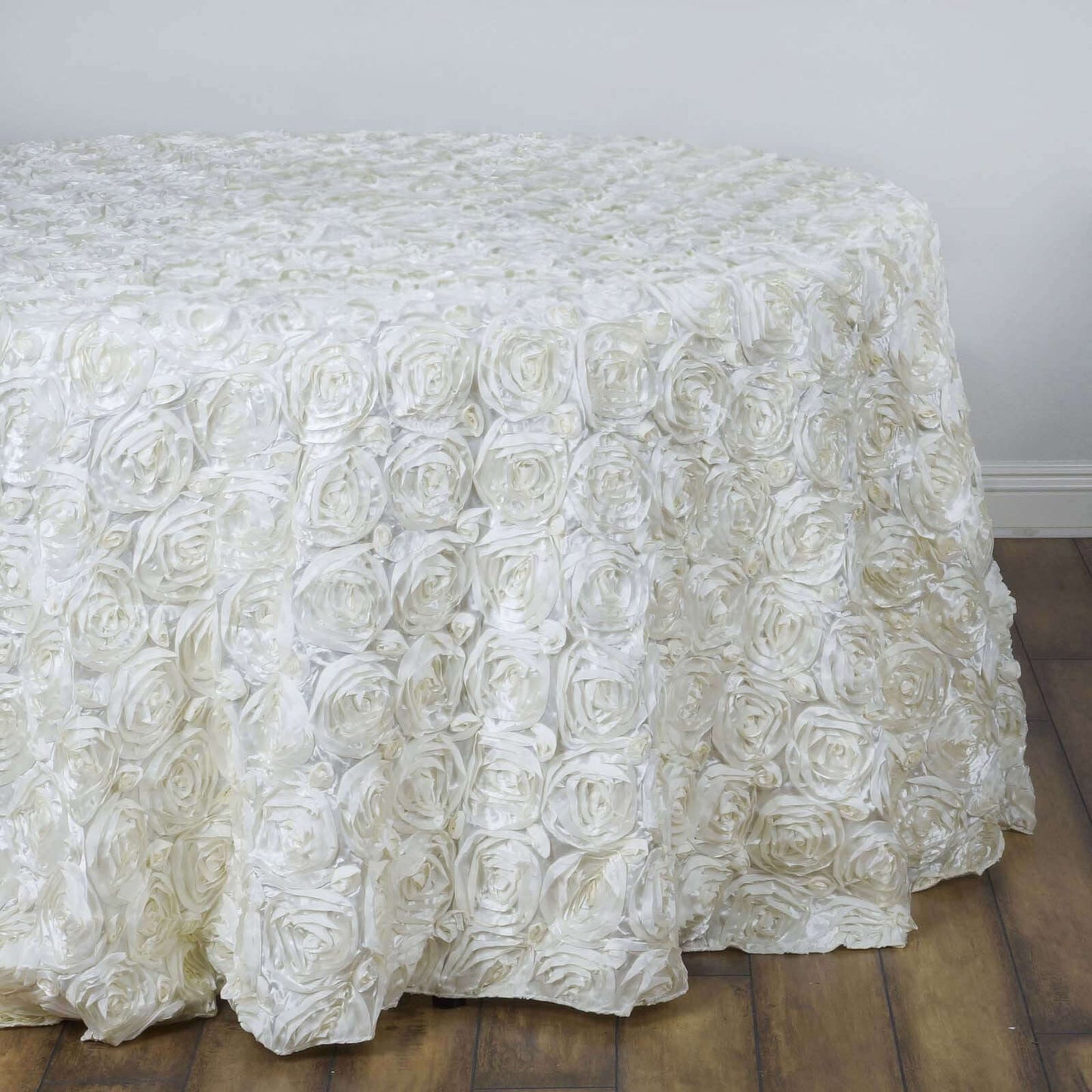 Satin 132" Round Tablecloth Ivory - Seamless Grandiose 3D Rosette Table Cover - NestOCart