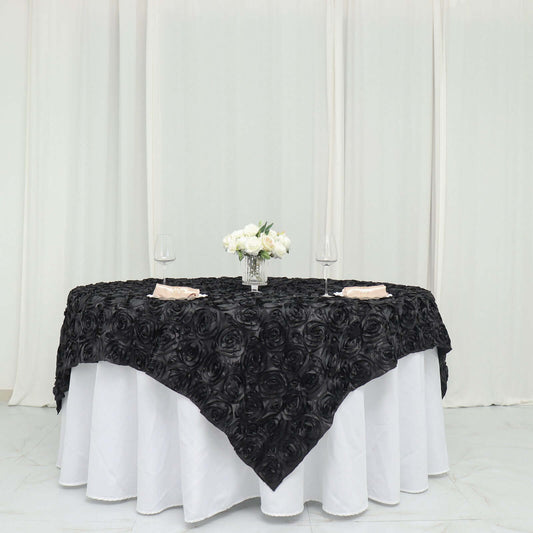 Satin 72"x72" Table Overlay Square Tablecloth Black - 3D Rosette Design for Stylish Occasions - NestOCart