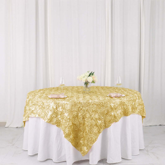 Satin 72"x72" Table Overlay Square Tablecloth Champagne - 3D Rosette Table Cover - NestOCart