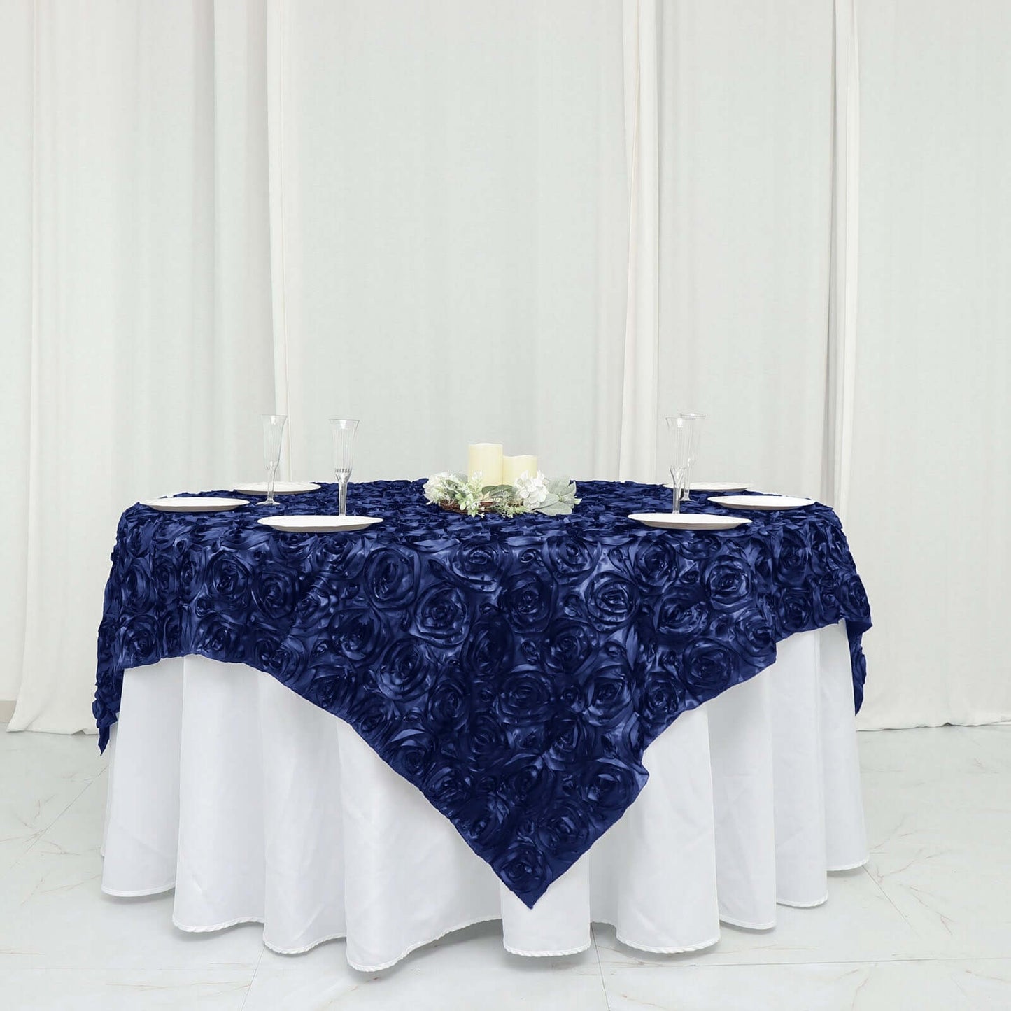 Satin 72"x72" Table Overlay Square Tablecloth Navy Blue - 3D Rosette Table Cover - NestOCart