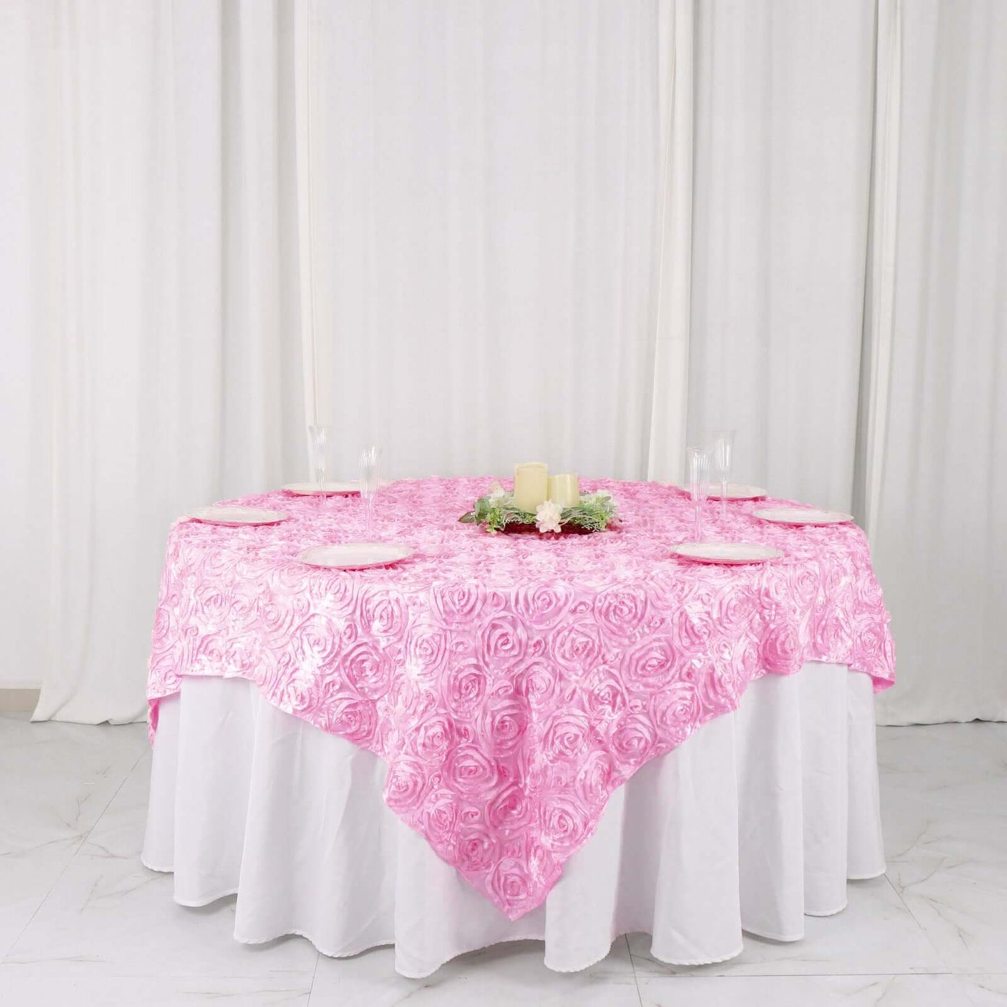Satin 72"x72" Table Overlay Square Tablecloth Pink - 3D Rosette Table Cover - NestOCart