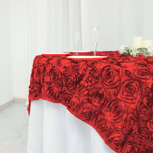 Satin 72"x72" Table Overlay Square Tablecloth Red - 3D Rosette Table Cover - NestOCart