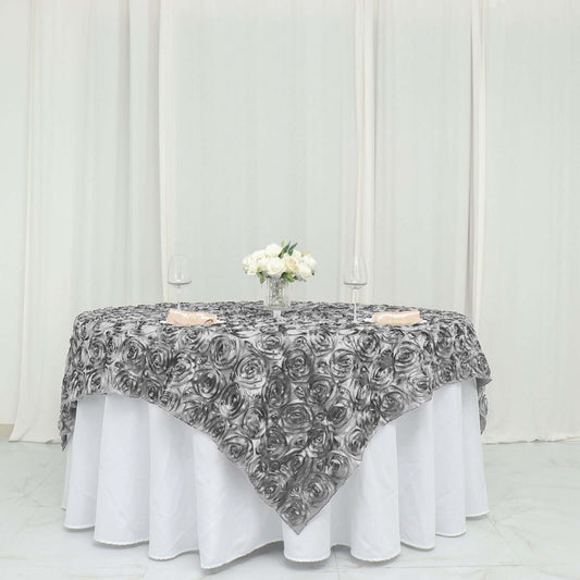 Satin 72"x72" Table Overlay Square Tablecloth Silver - 3D Rosette Table Cover - NestOCart