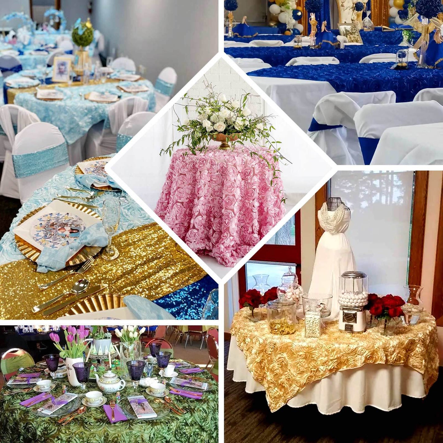 Satin 72"x72" Table Overlay Square Tablecloth White - 3D Rosette Design for Stylish Occasions - NestOCart