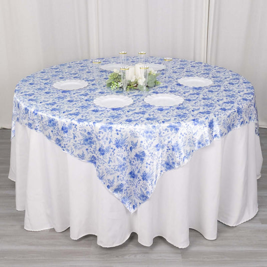Satin 72"x72" Table Overlay Square Tablecloth White Blue - French Toile Floral Design for Stylish Celebrations - Bell Racket Store
