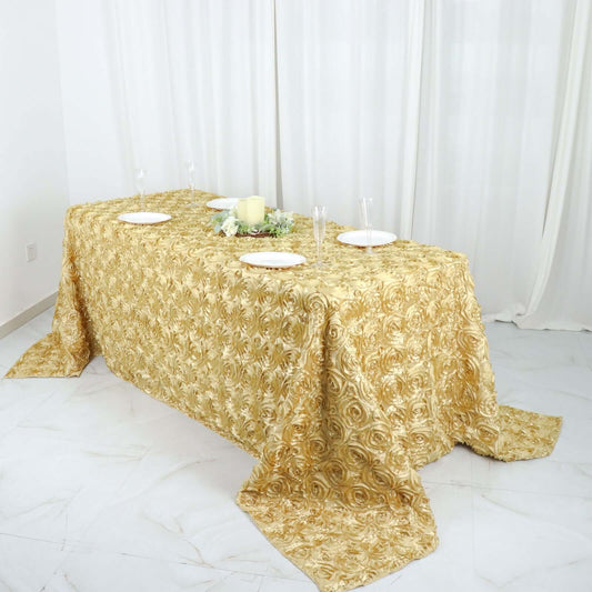 Satin 90"x132" Rectangle Tablecloth Champagne - Grandiose 3D Rosette Seamless Table Cover - NestOCart
