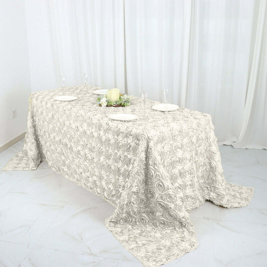 Satin 90"x132" Rectangle Tablecloth Ivory - Grandiose 3D Rosette Seamless Table Cover - NestOCart