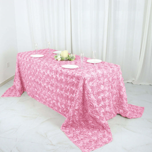 Satin 90"x132" Rectangle Tablecloth Pink - Grandiose 3D Rosette Seamless Table Cover - NestOCart