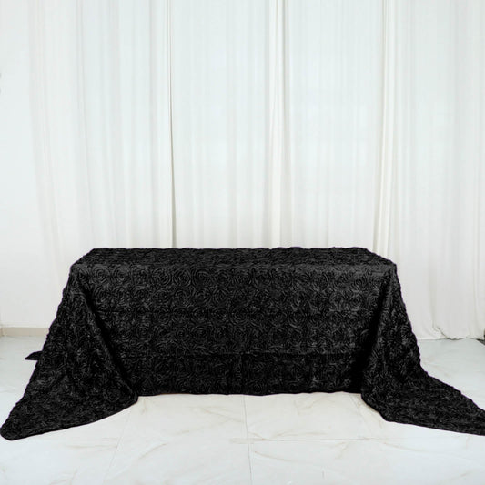 Satin 90"x156" Rectangle Tablecloth Black - Grandiose 3D Rosette Table Cover with Seamless Finish - NestOCart