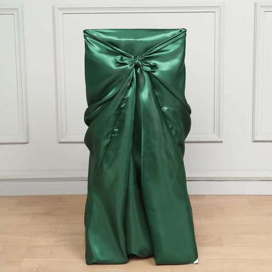 Satin Chair Cover Self - Tie Universal Design Hunter Emerald Green - Durable Slip - On Cover for Folding, Dining, Banquet & Standard Chairs - Bell Racket Store