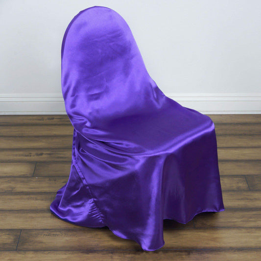 Satin Chair Cover Self - Tie Universal Design Purple - Durable Slip - On Cover for Folding, Dining, Banquet & Standard Chairs - NestOCart