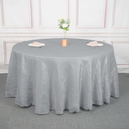 Taffeta 120" Round Tablecloth Silver - Seamless Accordion Crinkle Table Cover