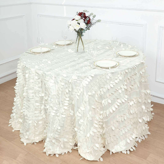 Taffeta 120" Round Tablecloth Ivory | 3D Leaf Petal Design Seamless Table Cover