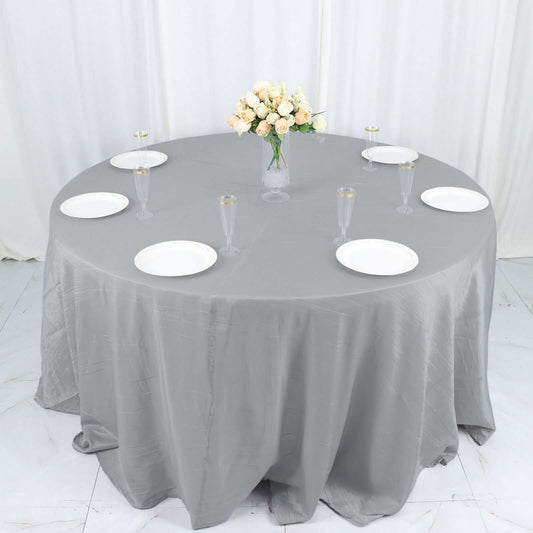 Taffeta 132" Round Tablecloth Silver - Seamless Accordion Crinkle Table Cover