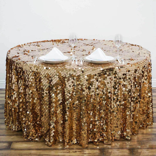 Sequin 120" Round Tablecloth Gold - Seamless Big Payette Design for Luxe Celebrations - NestOCart
