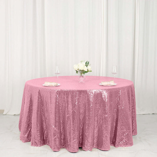 Sequin 120" Round Tablecloth Pink - Seamless Glittering Table Cover - NestOCart