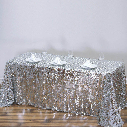 Sequin 90"x132" Rectangle Tablecloth Silver - Seamless Big Payette Table Cover - NestOCart