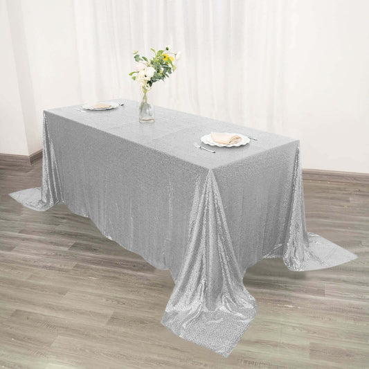 Sequin 90"x132" Rectangle Tablecloth Silver - Seamless Sparkly Table Cover - NestOCart