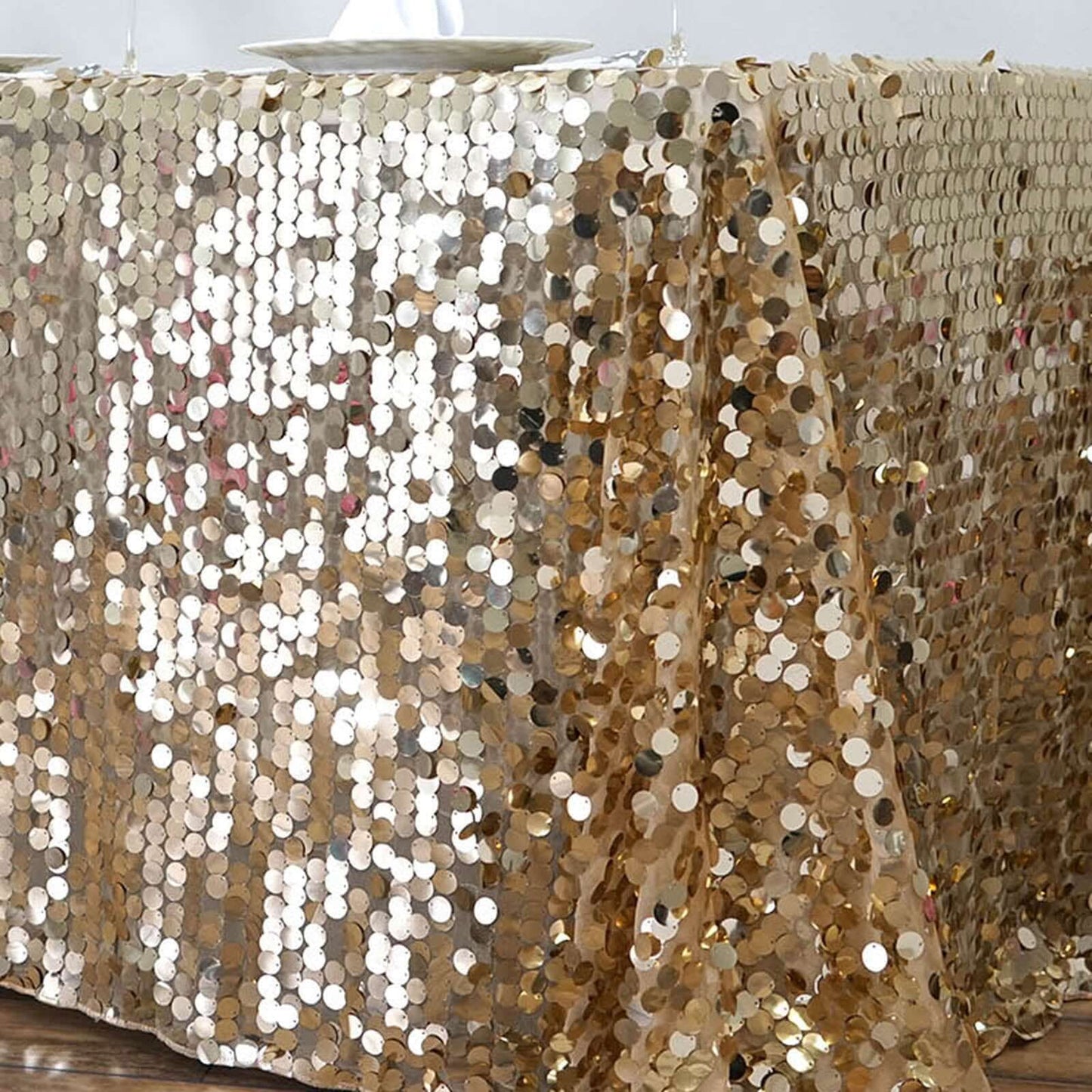 Sequin 90"x156" Rectangle Tablecloth Champagne - Seamless Big Payette Table Cover - NestOCart