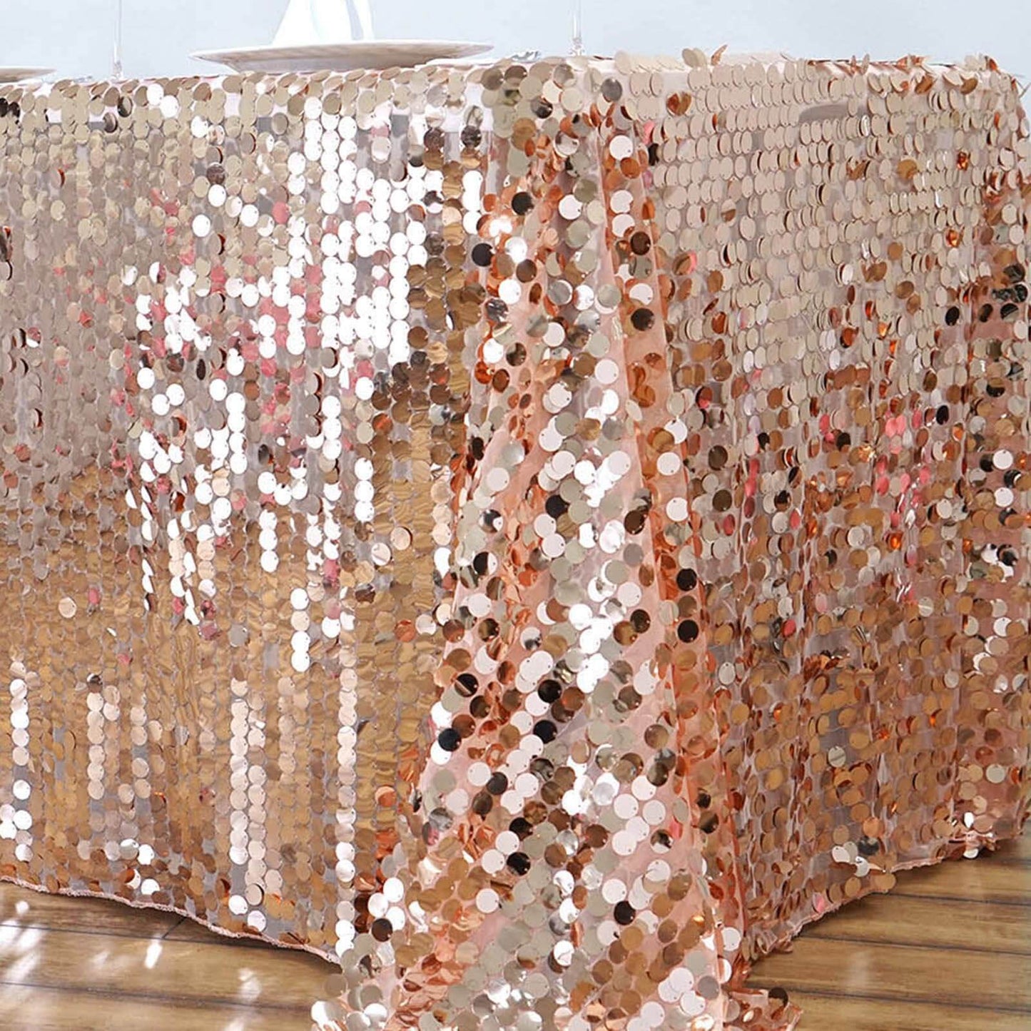 Sequin 90"x156" Rectangle Tablecloth Rose Gold - Seamless Big Payette Table Cover - NestOCart