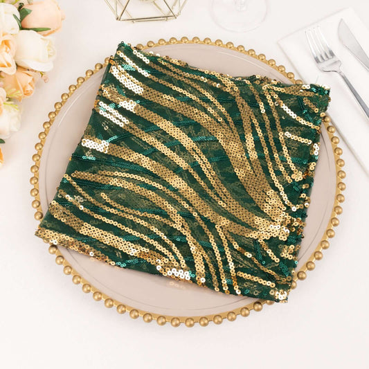 Sequin Mesh 20"x20" Napkin Hunter Emerald Green Gold - Wave Embroidered Reusable Napkin - Bell Racket Store