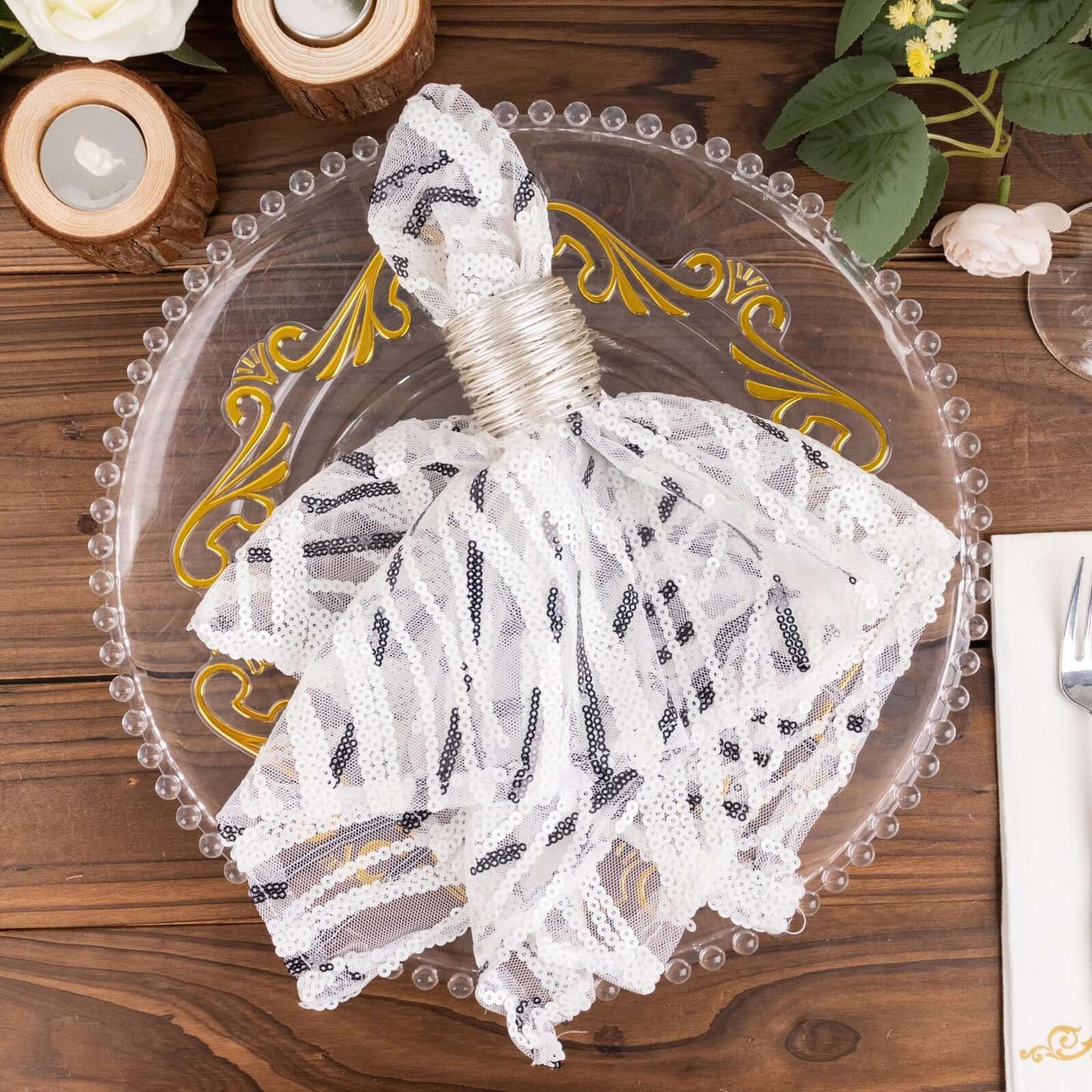 Sequin Mesh 20"x20" Napkin White Black - Wave Embroidered Reusable Napkin - Bell Racket Store