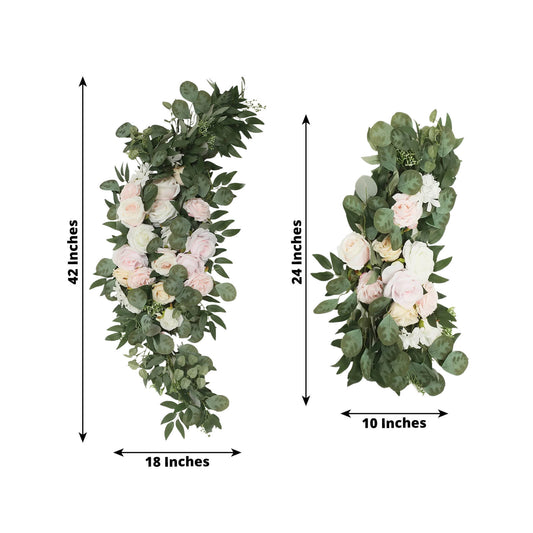 Set of 2 Silk Rose Floral Swag Wedding Arch Flowers in Cream Blush with Eucalyptus Leaves, Large Artificial Flower Arrangement Garlands - 24",42" - Bell Racket Store