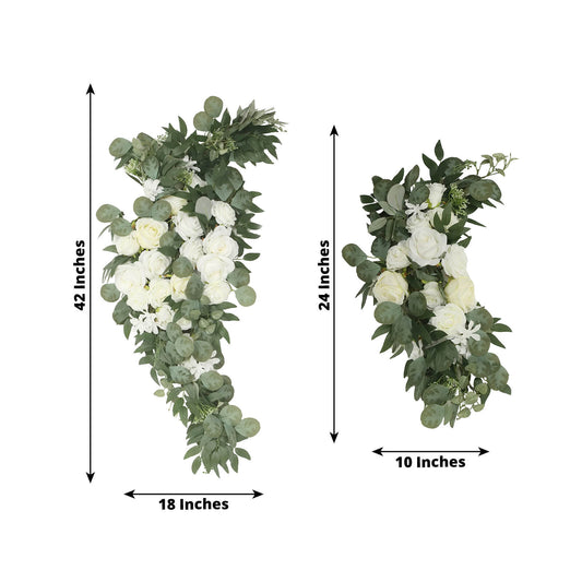 Set of 2 Silk Rose Floral Swag Wedding Arch Flowers in White with Eucalyptus Leaves, Large Artificial Flower Arrangement Garlands - 24",42" - Bell Racket Store