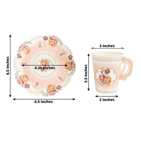 Set of 25 Paper Cups and Saucers in Dusty Rose with Rose Floral Print - Vintage Inspired Disposable Tea Party Decorations - Bell Racket Store
