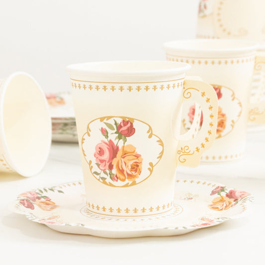 Set of 25 Paper Cups and Saucers in Ivory with Rose Floral Print for Birthdays & Floral Themed Events - Bell Racket Store