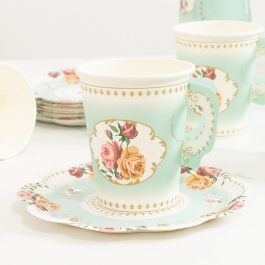 Set of 25 Paper Cups and Saucers in Turquoise with Rose Floral Print - Vintage Inspired Disposable Tea Party Decorations - Bell Racket Store