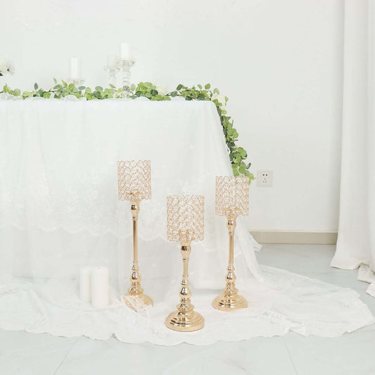 Set of 3 Crystal Beaded Goblet Votive Candle Holder Stands Gold - Tea Light Centerpiece 18", 16", 14" - Bell Racket Store