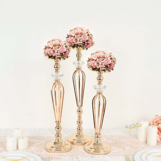 Set of 3 Metal Pedestal Stands with Crystal Ball Flower Bowl Design Gold - Pillar Candle Holders 20", 23", 25" - Bell Racket Store