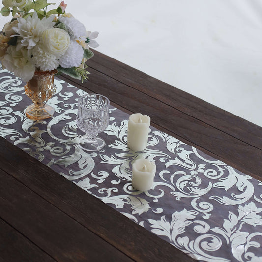 Sheer Organza 12"x108" Table Runner Roll Metallic Silver Foil Floral Swirl Design - Disposable Stylish Event Decoration - Bell Racket Store