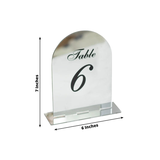 Silver Mirror Arch Acrylic Table Numbers (1 - 10) - 6"x7" Wedding Reception Signs with Black Print & Stands - Bell Racket Store