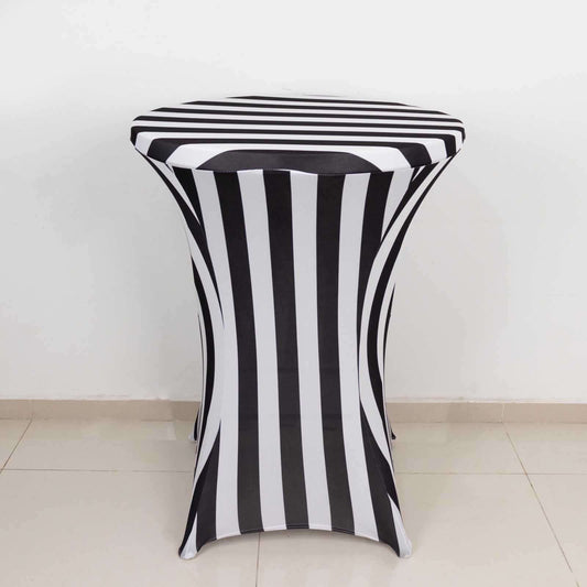 Spandex 30" Fitted Round Cocktail Table Cover Black/White Striped - Easy to Maintain Stretch Tablecloth - Bell Racket Store