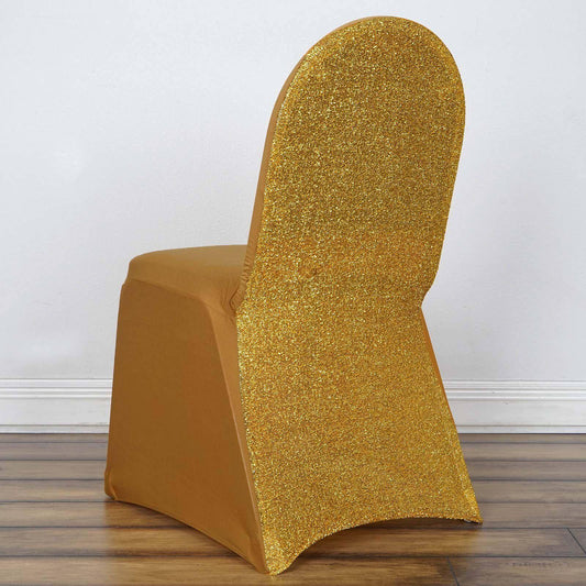 Spandex Chair Cover with Metallic Shimmer Tinsel Back for Banquet Chairs Gold - Luxe Fitted Slipcover for Weddings & Parties - NestOCart