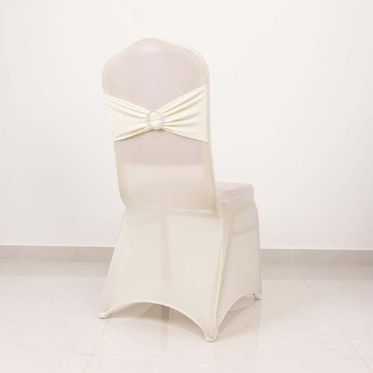 Spandex Chair Cover with Silver Rhinestone Buckled Sash Band Ivory - Stretch Fitted Slipcover - Bell Racket Store