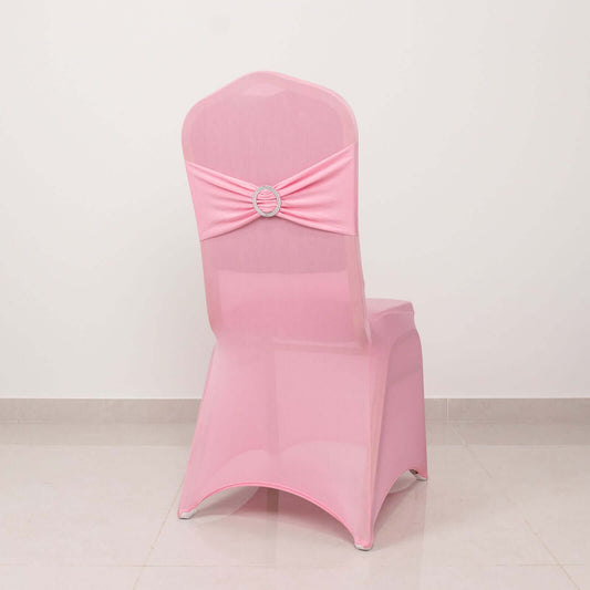 Spandex Chair Cover with Silver Rhinestone Buckled Sash Band Pink - Stretch Fitted Slipcover - Bell Racket Store