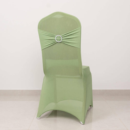 Spandex Chair Cover with Silver Rhinestone Buckled Sash Band Sage Green - Stretch Fitted Slipcover - Bell Racket Store